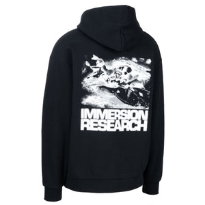 Black hoodie with 'Immersion Research' graphic on the back against a white background