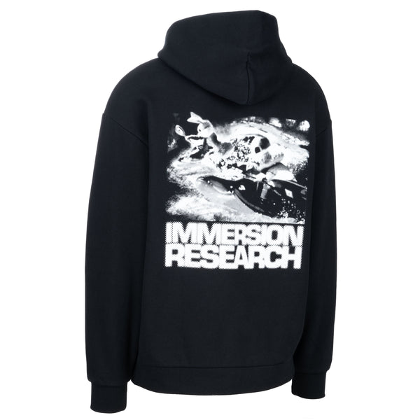 Black hoodie with 'Immersion Research' graphic on the back against a white background