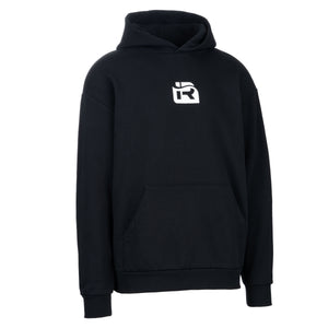 Black hoodie with a logo on the chest against a white background