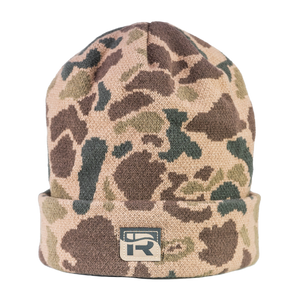 Camouflage beanie with a logo on a white background