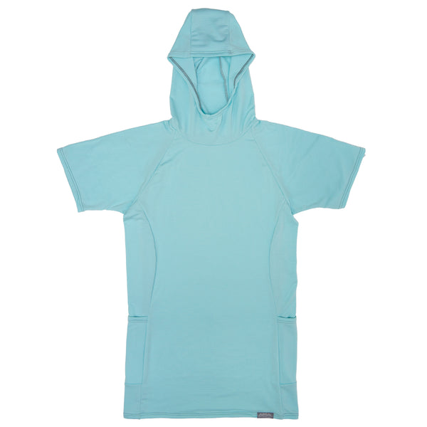 A women's short sleeve t-shirt dress with a hood and side pockets