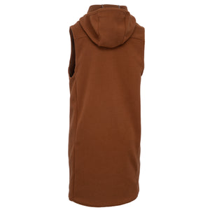 Brown sleeveless Vest Dress hoodie with a hood on by Immersion Research