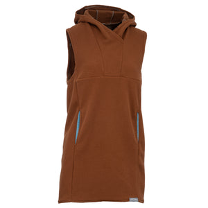 Brown sleeveless Vest Dress hoodie with a hood on by Immersion Research