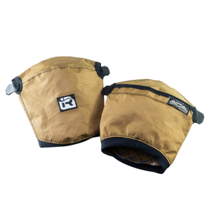 Pair of brown pogies with black straps and visible brand logo on a white background