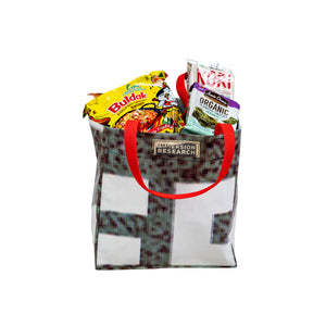 Recycled Billboard Lunch bag filled with packs of instant ramen noodles.