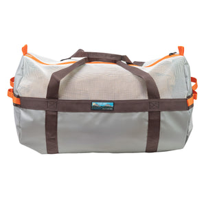 Gray duffel bag with brown straps and orange accents on a white background