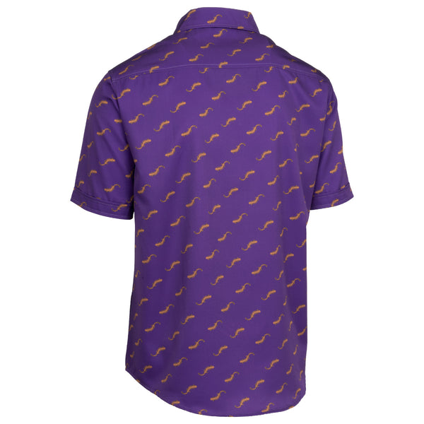 Back of Immersion Research Button Up Short Sleeve Party Shirt in Purple with repeating hellbender graphic