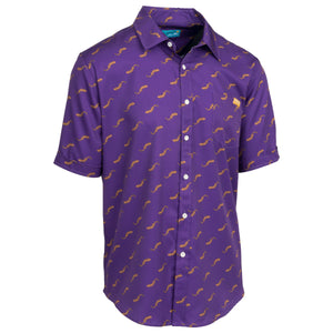 Immersion Research Button Up Short Sleeve Party Shirt in Purple with repeating hellbender graphic