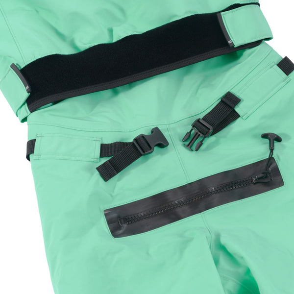 Immersion Research Devil's Club Men's Dry Suit Electric Green Relief zipper and belt