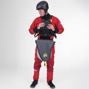 Devil's Club Dry Suit in Molten Lava with model in kayak gear