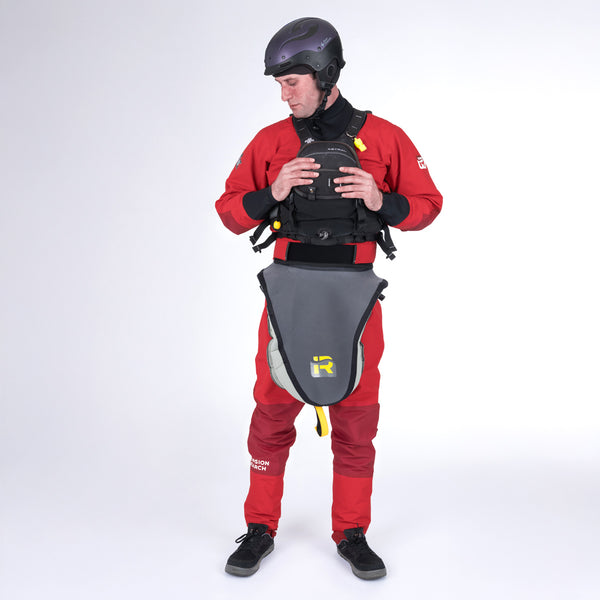 Man wearing Immersion Research Devil's Club Men's Dry Suit Molten Lava