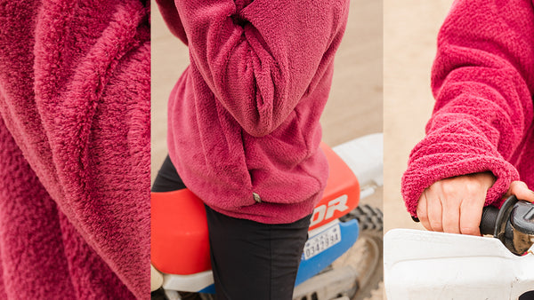 Three close up images of the Immersion Research hot lap hoodie.  First image, is just the material. Second image is close up of the bottom half of the hoodie.  Third image is a close up of the sleeve and hand.