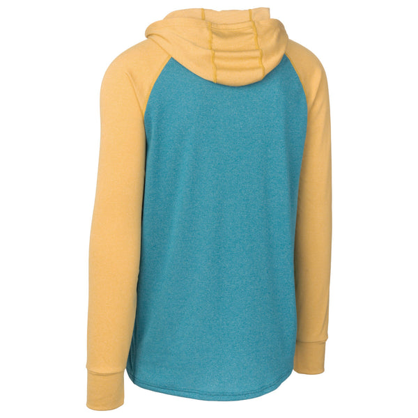 Back of Immersion Research Polartec Power Wool Highwater Hoodie in Ginger Yellow and Peacock Blue