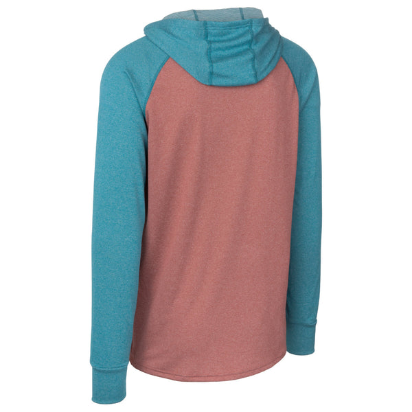 Back of Immersion Research Polartec Power Wool Highwater Hoodie in dark red with blue accents