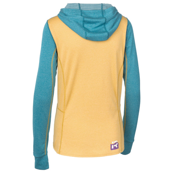 Back of Women's Immersion Research Polartec Power Wool Highwater Hoodie in yellow with blue accents