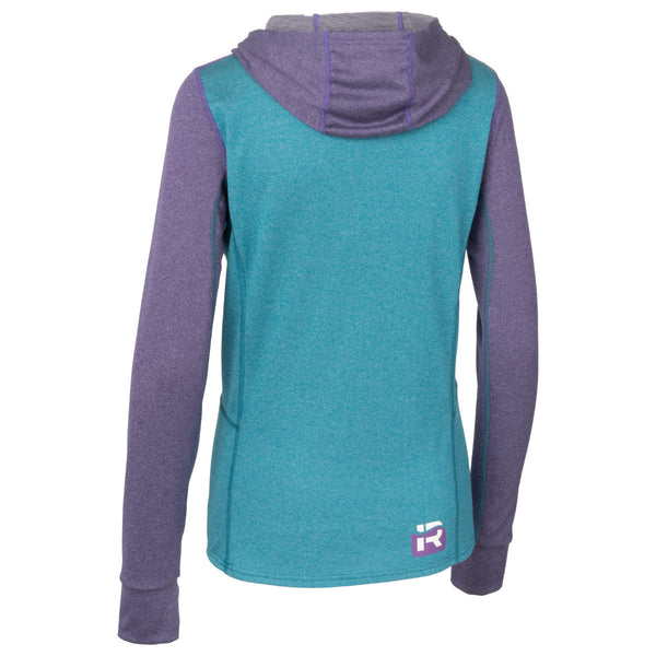 Back of Women's Immersion Research Polartec Power Wool Highwater Hoodie in Blue with purple accents