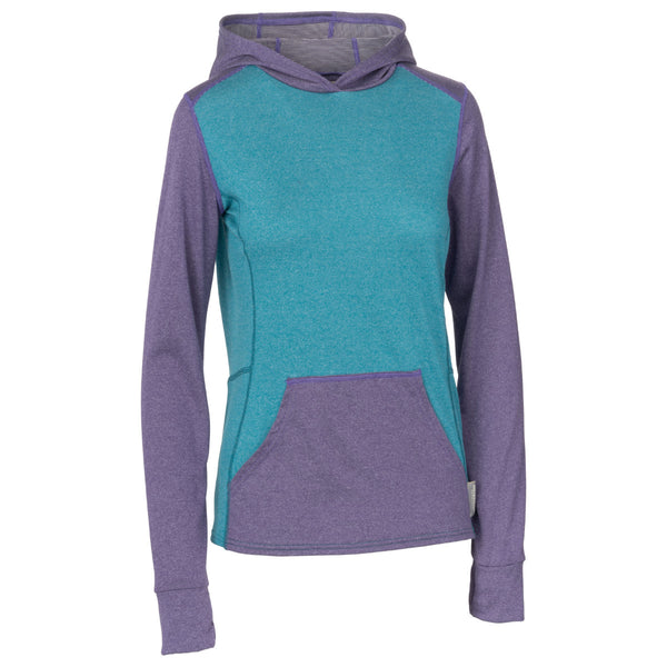 Women's Immersion Research Polartec Power Wool Highwater Hoodie in Blue with purple accents