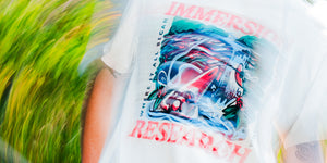 Motion blurr image of t-shirt for Immersion Research with custom artwork by Harris Wright.