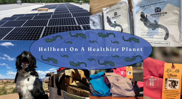 Image collage showing solar panels, reusable bags, and repurposed materials that showcase Immersion Research's steps taken to reduce environmental impact