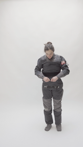 Nouria Newman trying on the women's Sahalie Dry Suit by Immersion Research.
