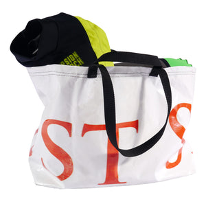 Ikea style bag made from recycled billboards sewn by hand