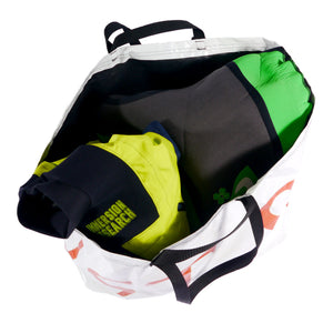 Ikea style bag made from recycled billboards sewn by hand